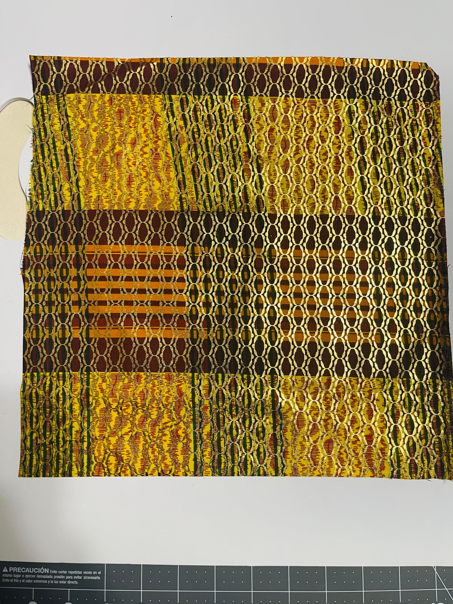 Authentic African Print Fabric- One 12x12 piece Red, Orange, Yellow Kente -gold embellished