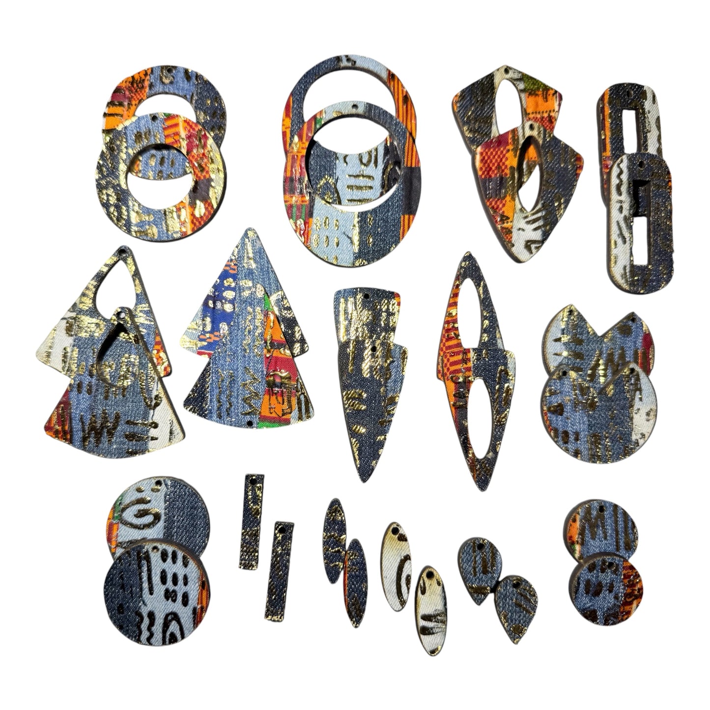 Multidesign Denim Earring Blanks- kente/gold design -15 pair