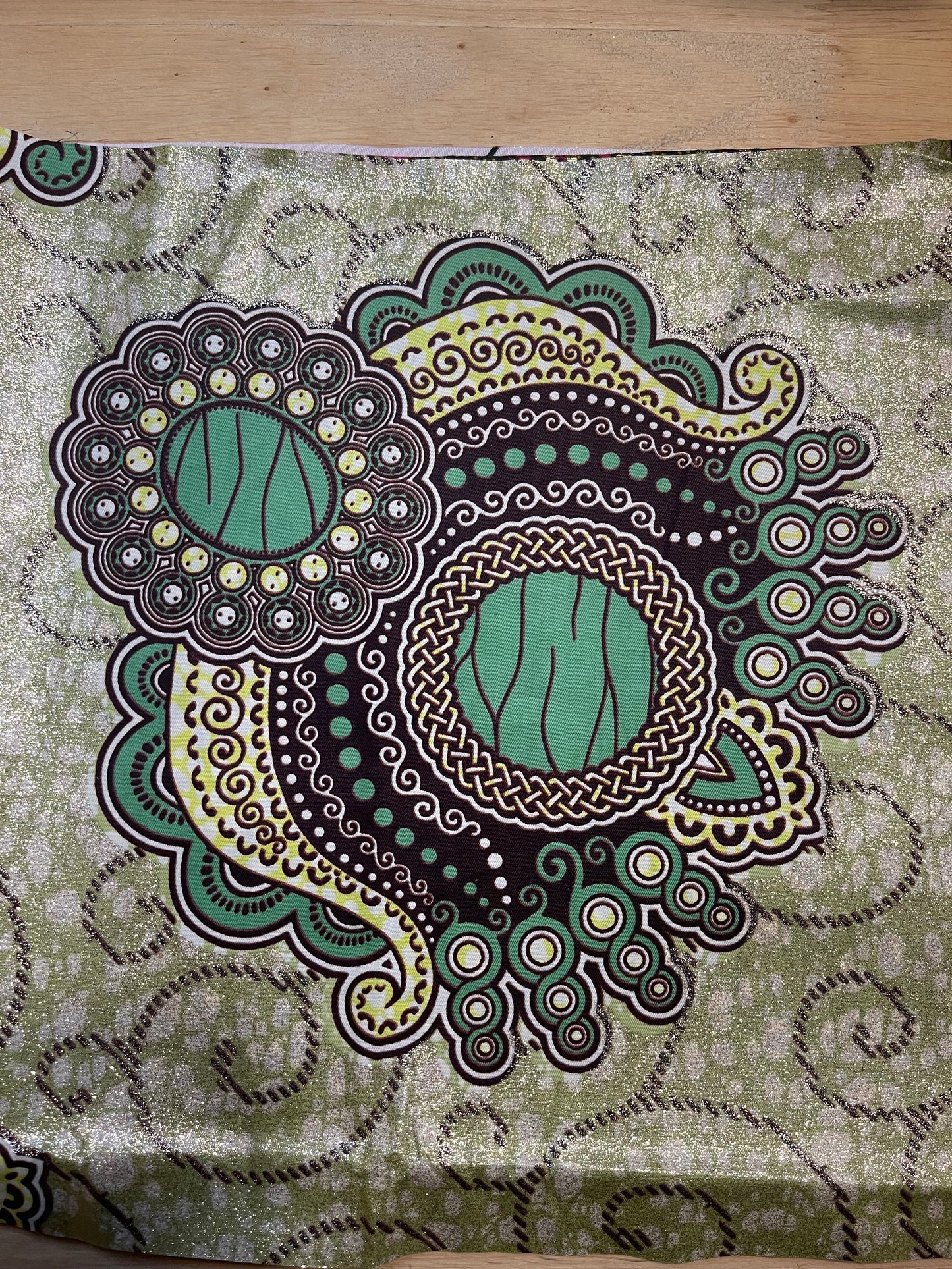 Authentic African Print Fabric- One 12x12 piece green, brown & white