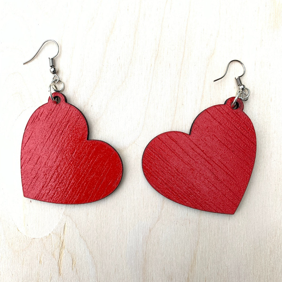 Small Red Wooden Heart Earrings