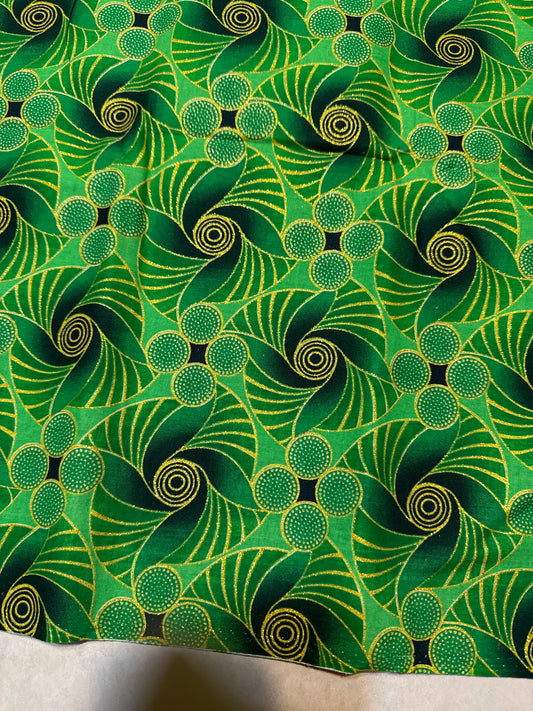 Green/Gold Glitter Ankara African Print￼fabric by the yard-1 yard
