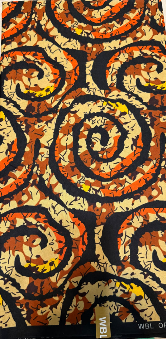 Yellow/Orange/Black Swirl African Print￼fabric by the yard