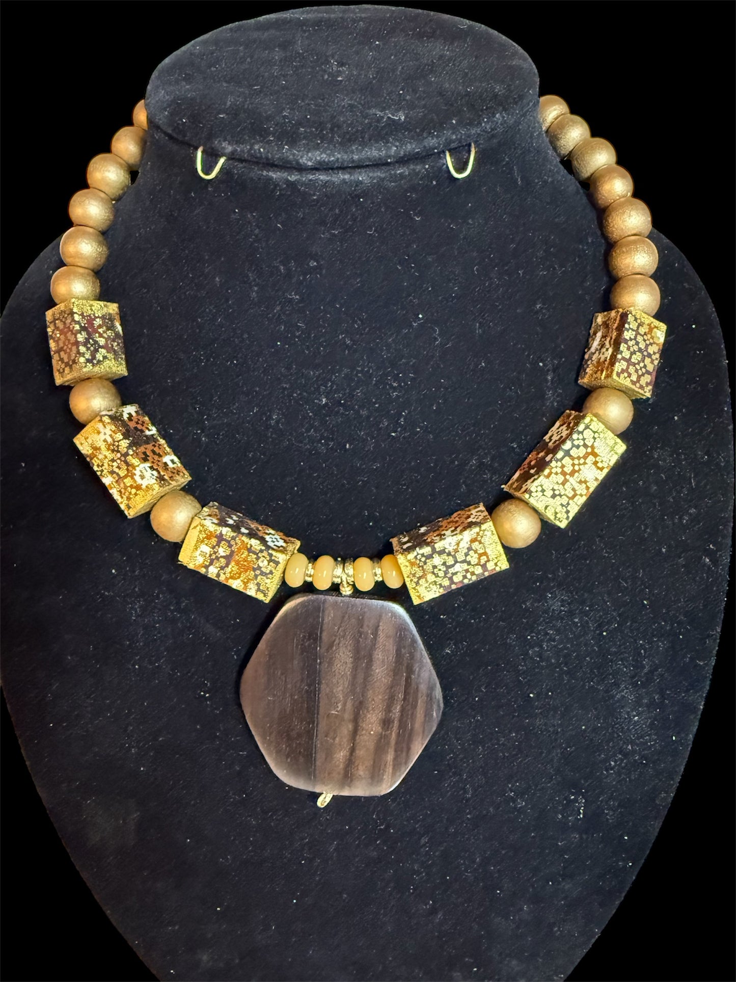 Golden Ancestry  African Fabric and Wood Necklace & Earrings Set