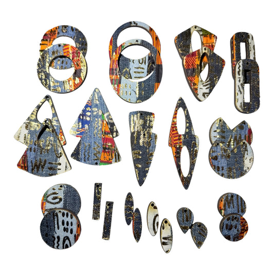 Multidesign Denim Earring Blanks- kente/gold design -15 pair