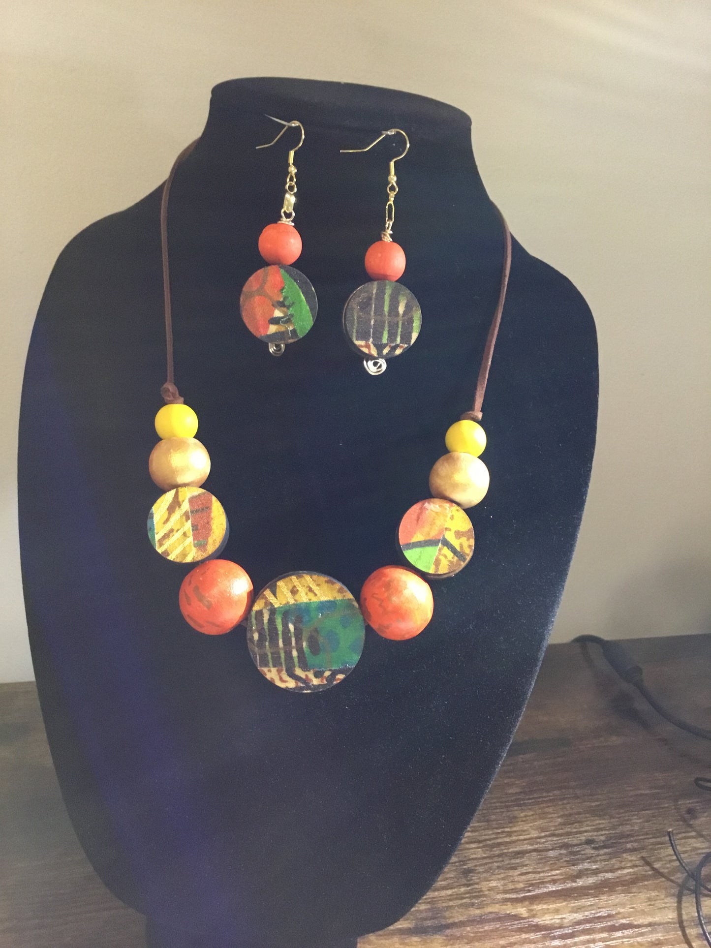 One of a Kind Beaded Necklace-Handmade Beads Orange/Yellow African Print