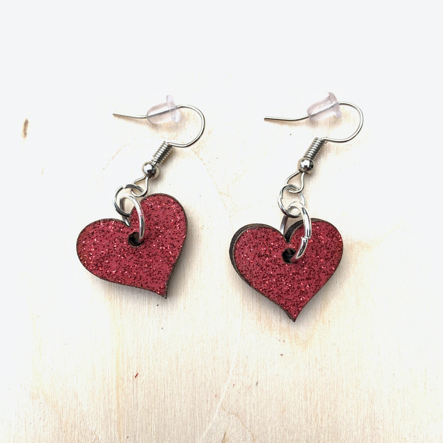 Small Red Wooden Heart Earrings