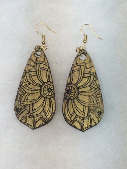Flower Engraved Wooden Earrings