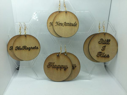 Power of Words: Round wooden engraved earrings