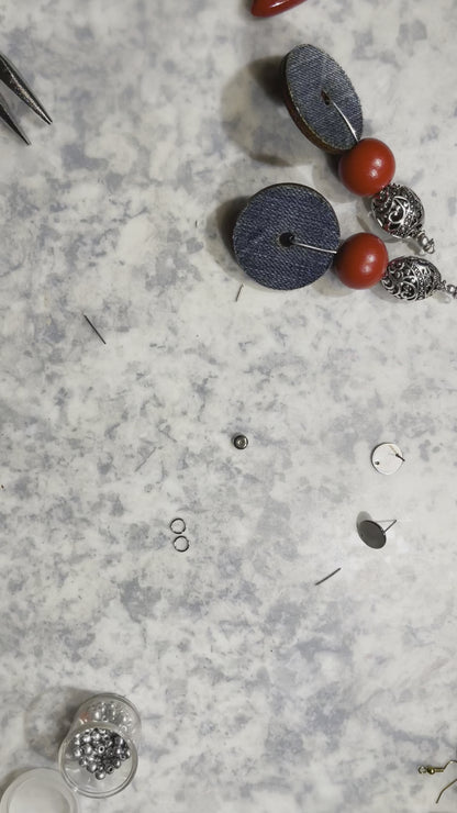 Denim Disc bead Earrings-Orange