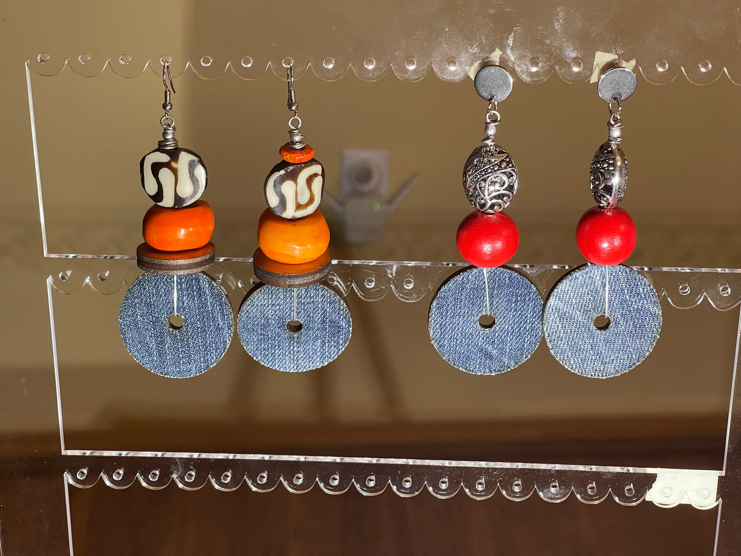 Denim Disc bead Earrings-Orange