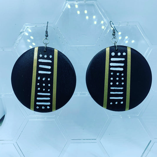 African Mudcloth-inspired Hand-painted Wooden Earrings