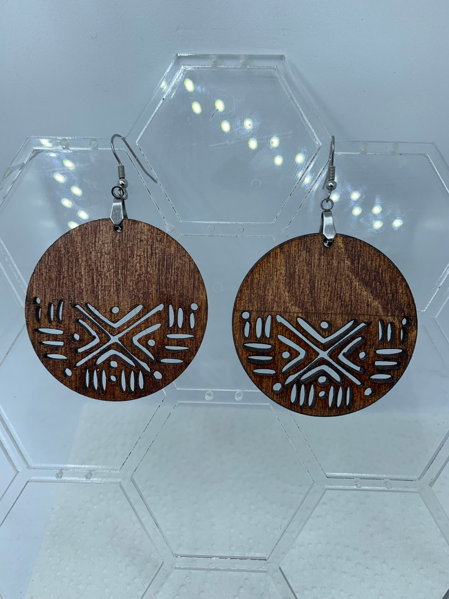 Wood cut Mudcloth Earrings-half design