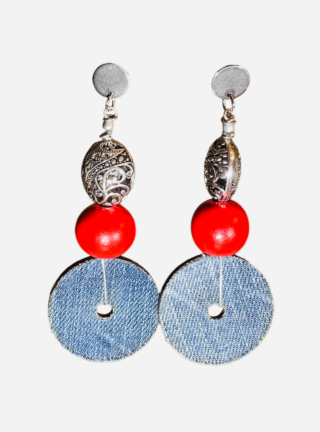 Denim Disc bead Earrings-Red