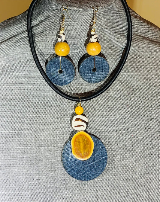 Denim/Yellow pendant &Earrings set