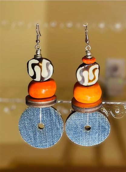 Denim Disc bead Earrings-Orange