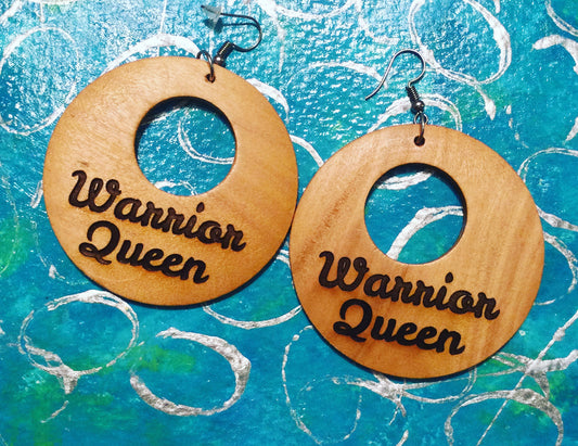 Round wooden engraved earrings-Warrior Queen