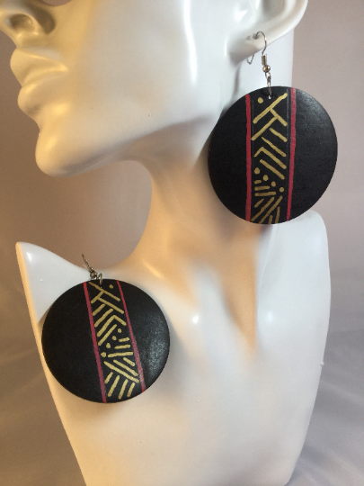 African Mudcloth-inspired Hand-painted Wooden Earrings