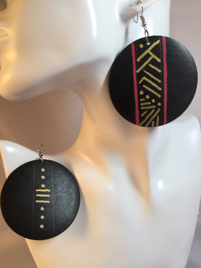 African Mudcloth-inspired Hand-painted Wooden Earrings